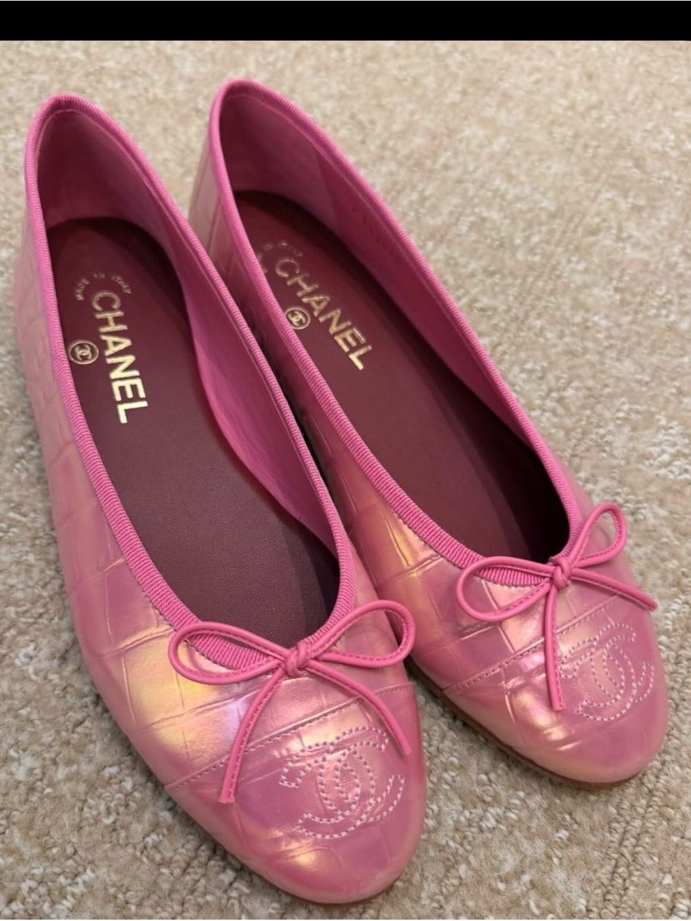 BNWT Chanel 26K Pink Croc Crocodile Iridescent CC Logo Ballet Ballerina Flat 37
